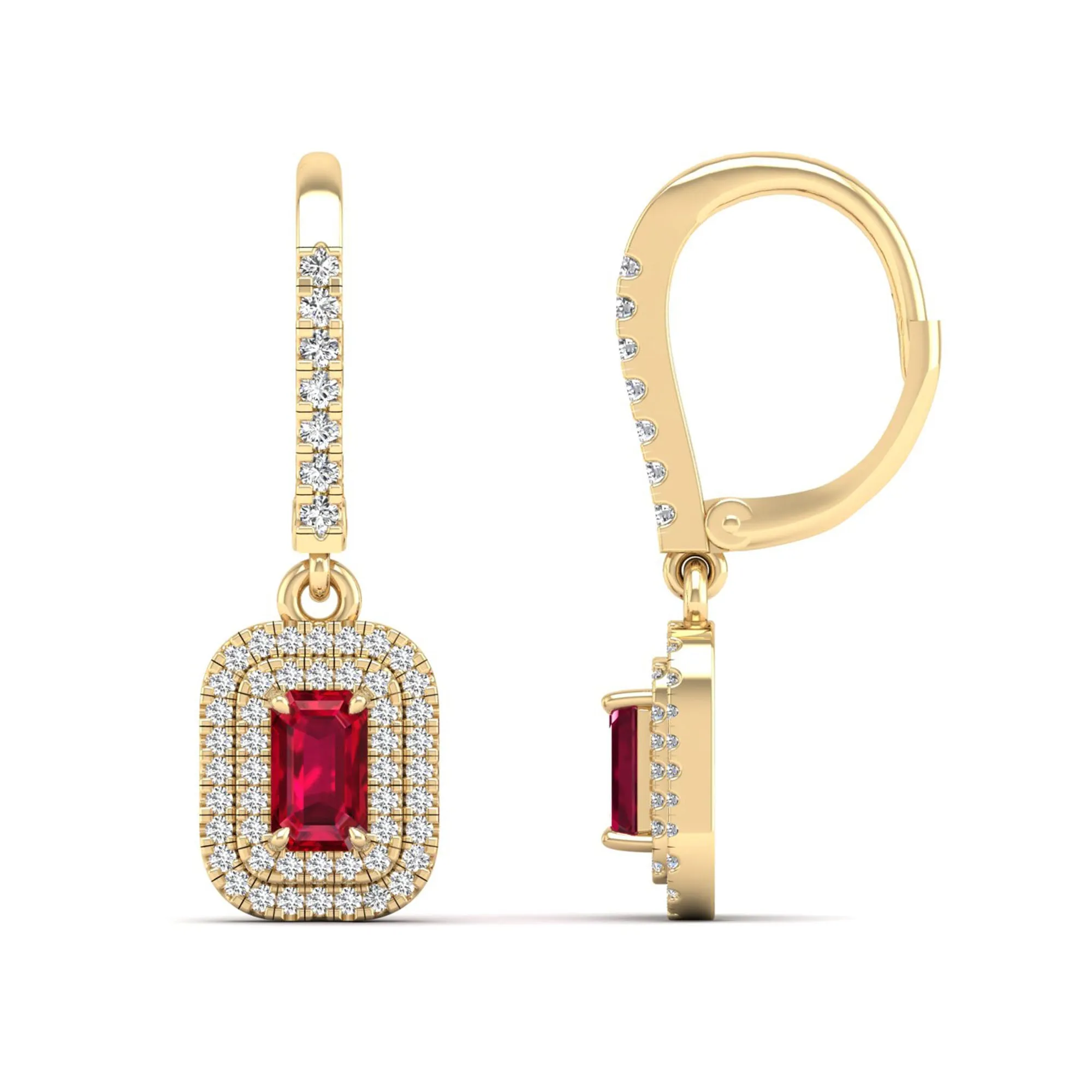 Ruby and Double Halo Diamond Drop Earrings
