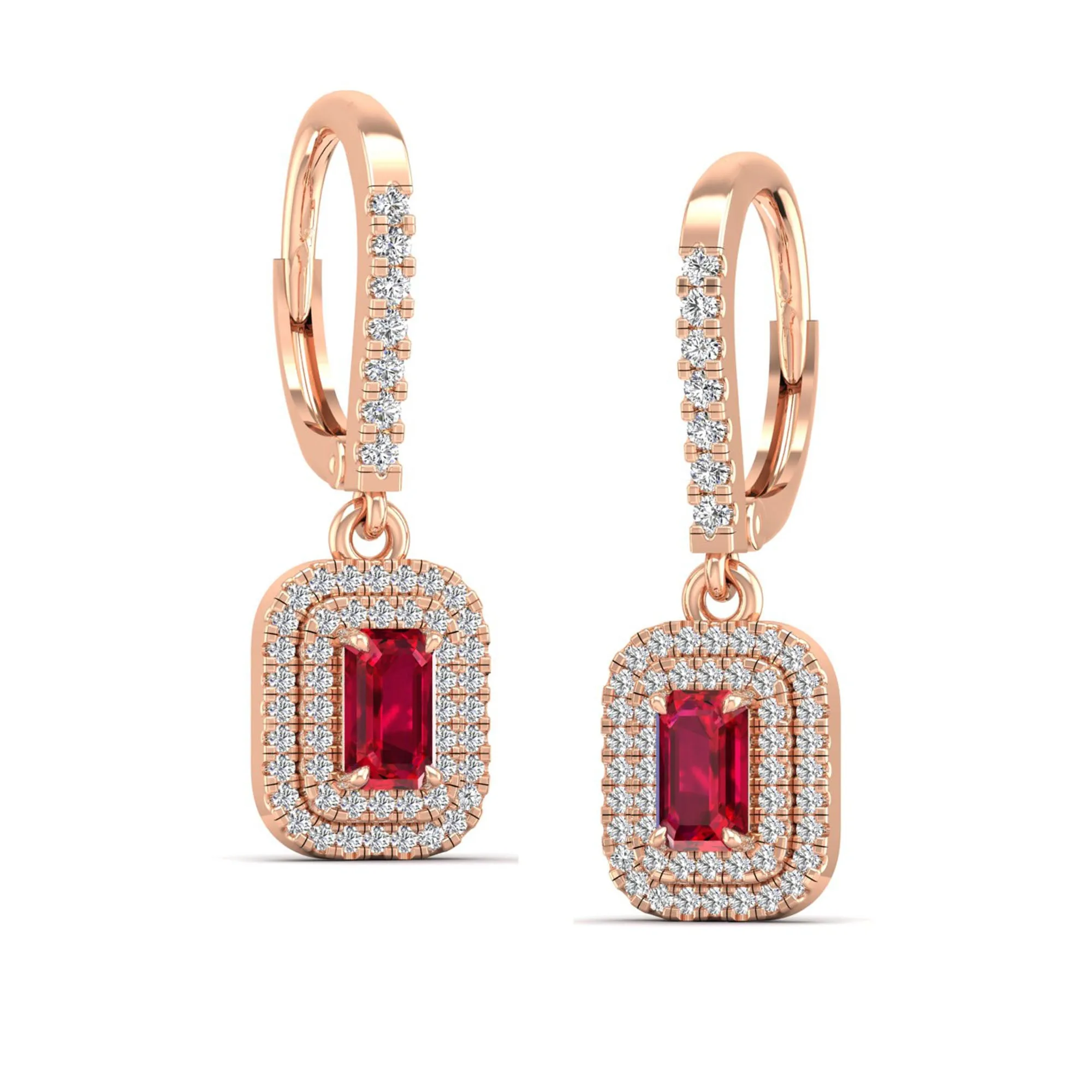 Ruby and Double Halo Diamond Drop Earrings