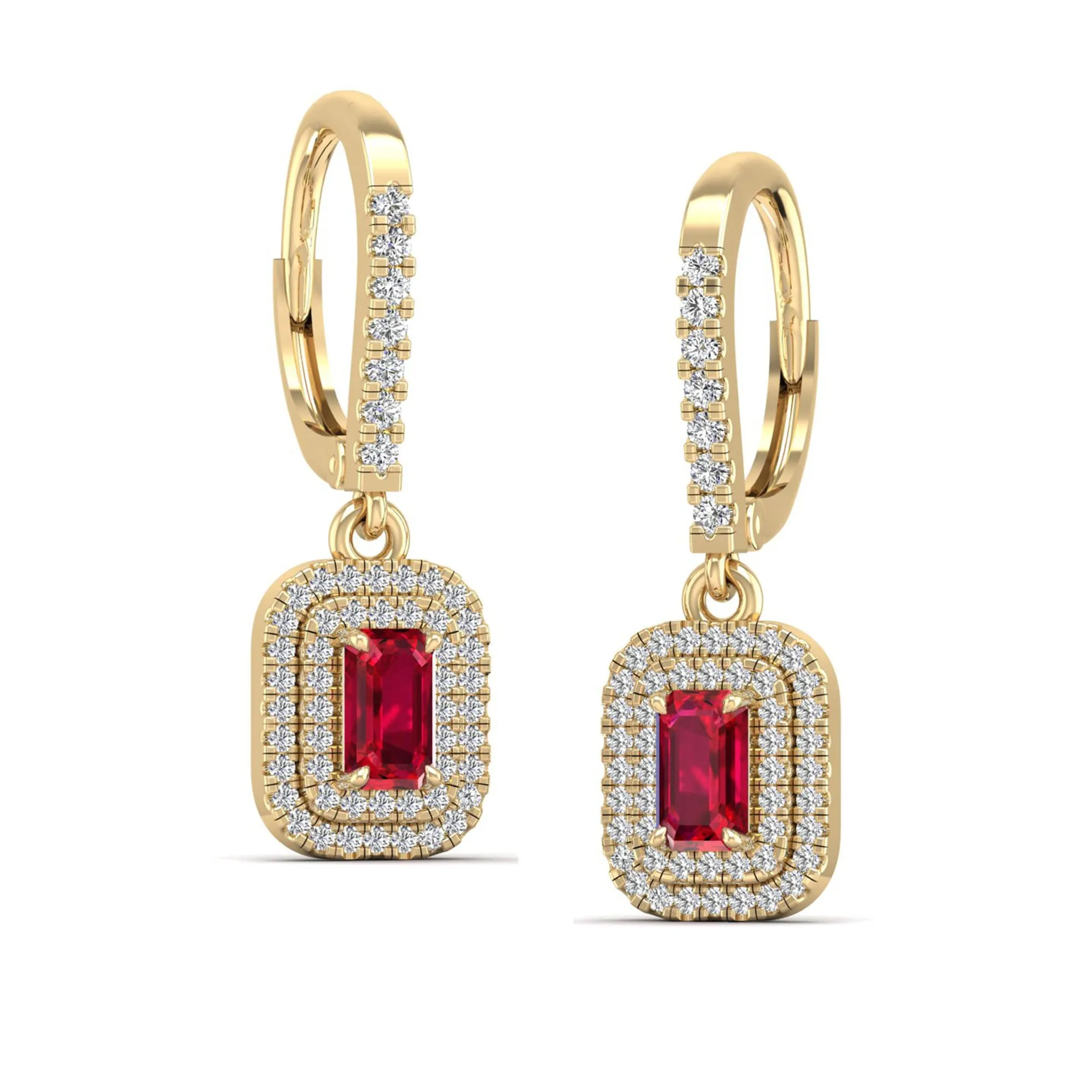 Ruby and Double Halo Diamond Drop Earrings