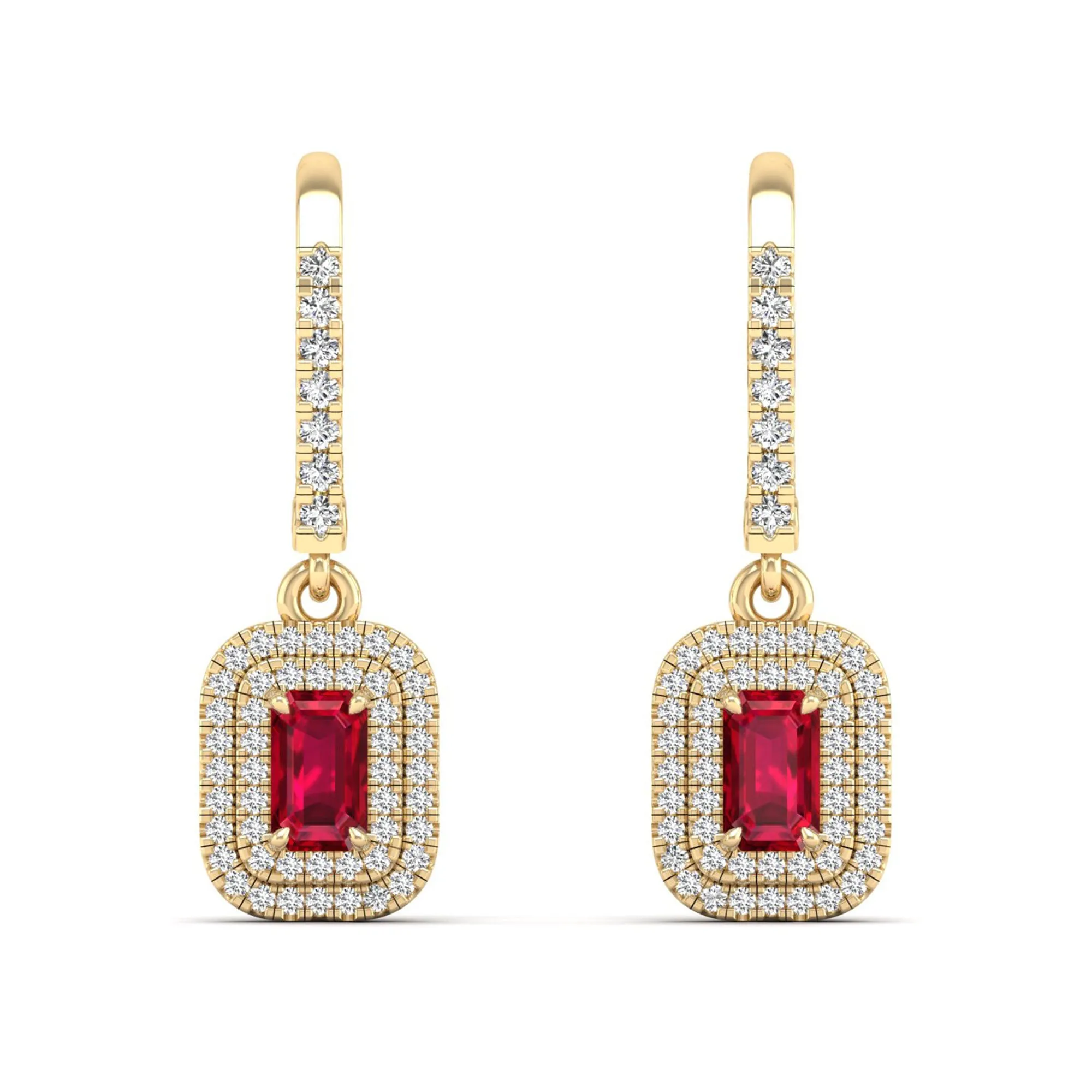 Ruby and Double Halo Diamond Drop Earrings