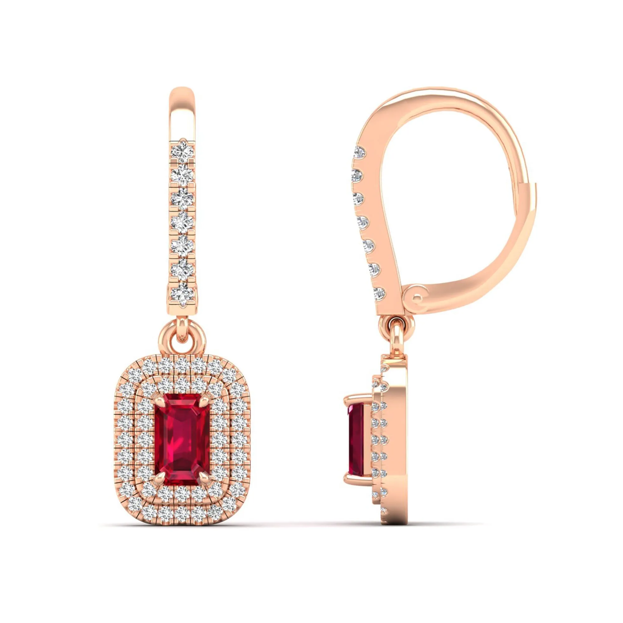 Ruby and Double Halo Diamond Drop Earrings