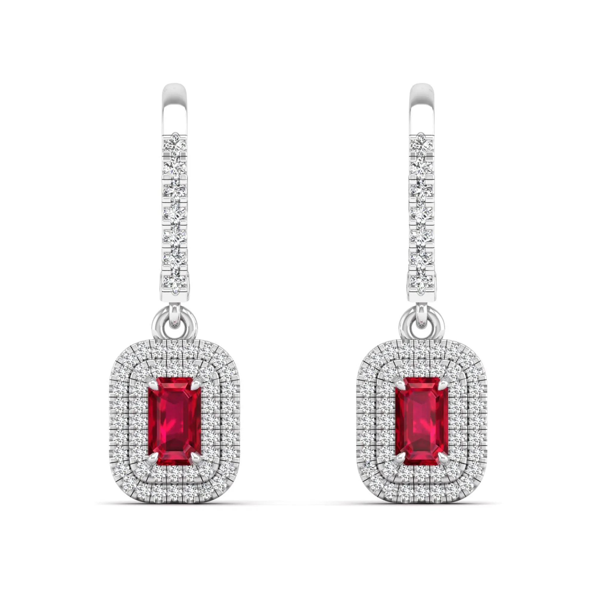Ruby and Double Halo Diamond Drop Earrings