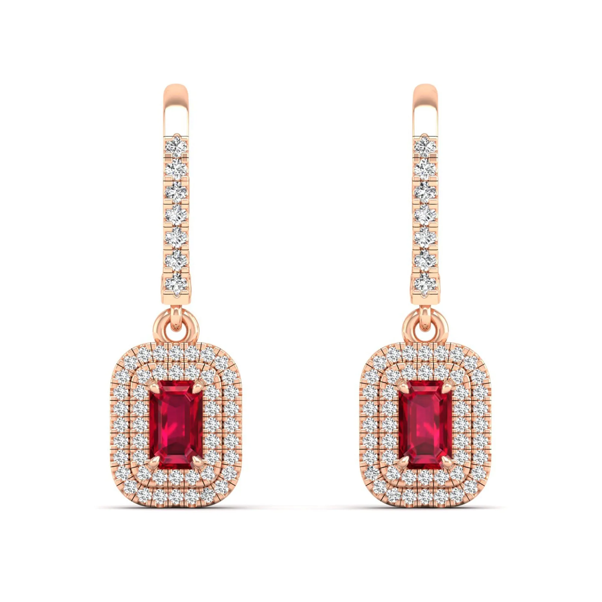 Ruby and Double Halo Diamond Drop Earrings