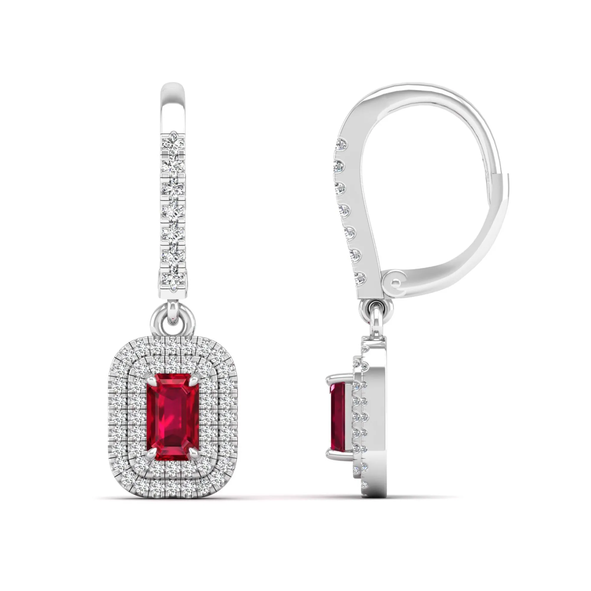 Ruby and Double Halo Diamond Drop Earrings
