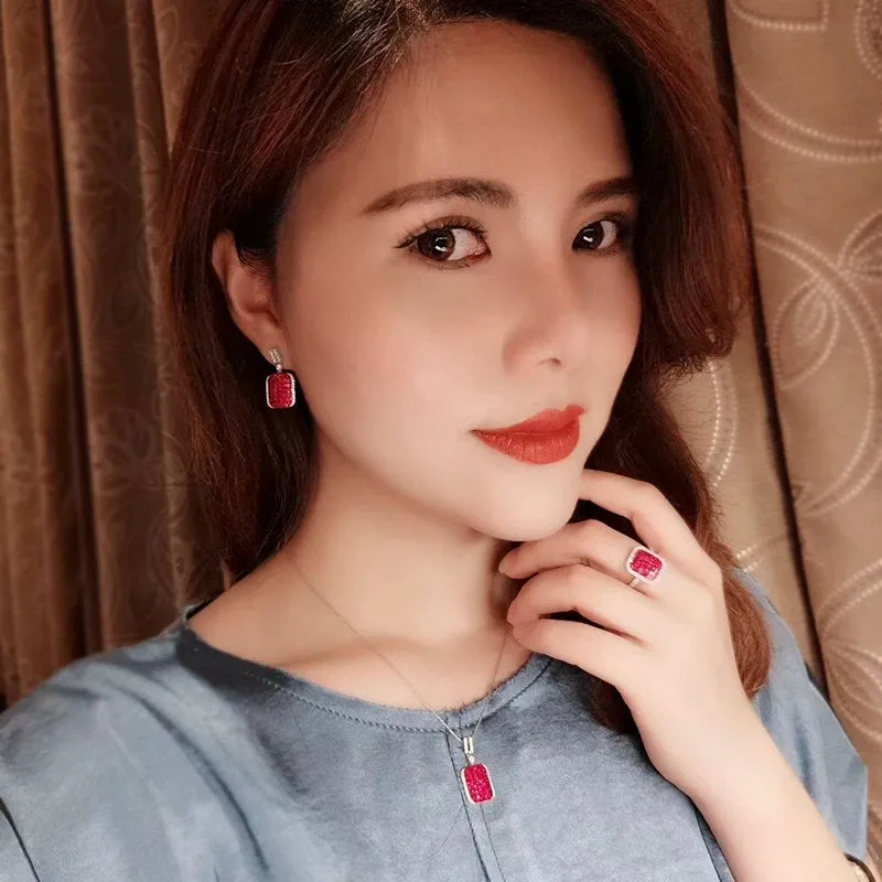 Ruby Diamond Square Dangle Earrings and Pendant Necklace