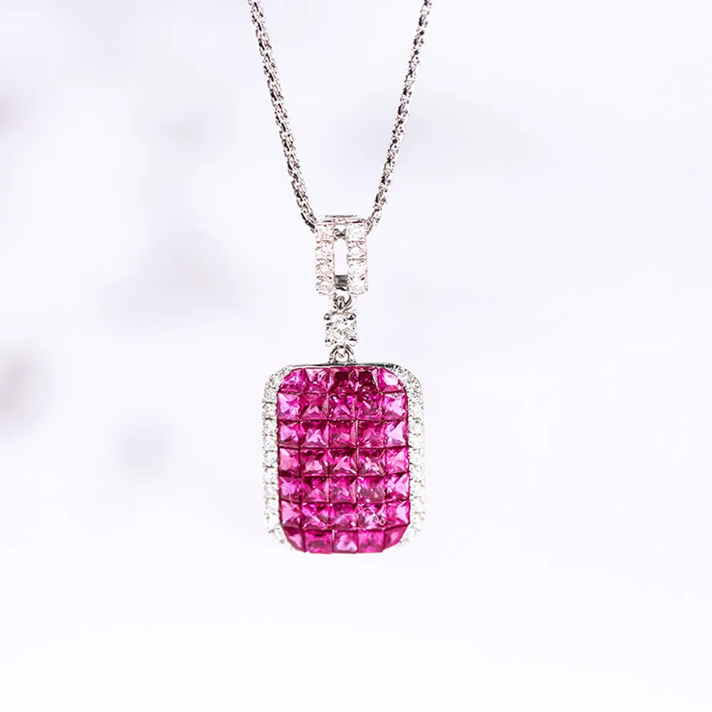 Ruby Diamond Square Dangle Earrings and Pendant Necklace