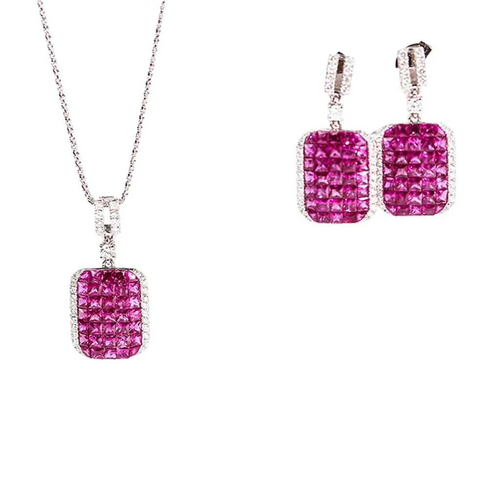 Ruby Diamond Square Dangle Earrings and Pendant Necklace