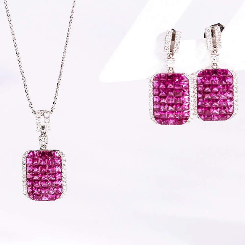 Ruby Diamond Square Dangle Earrings and Pendant Necklace