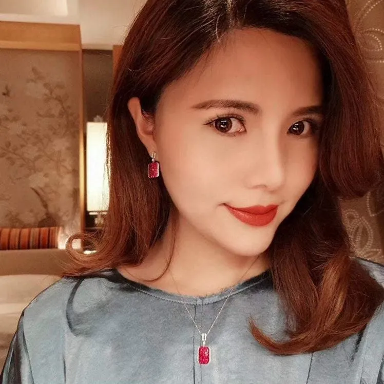 Ruby Diamond Square Dangle Earrings and Pendant Necklace