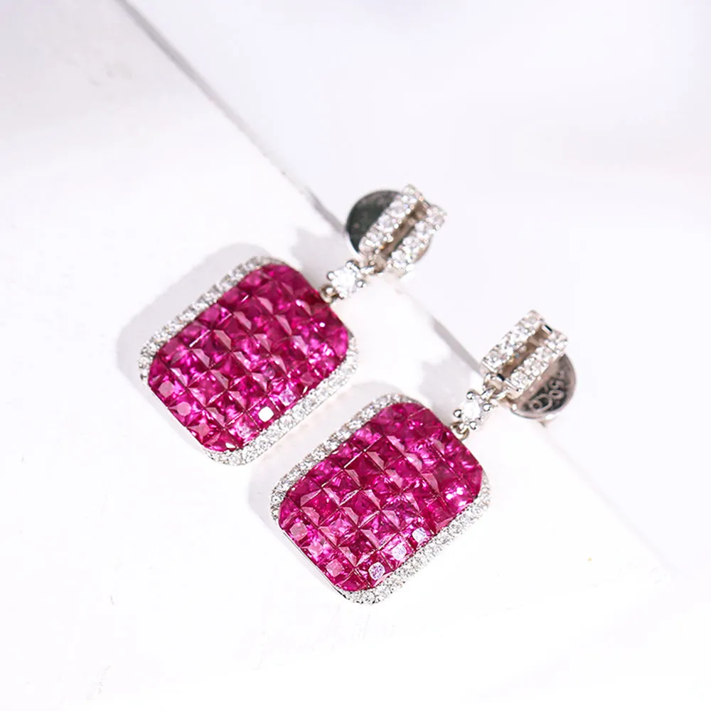 Ruby Diamond Square Dangle Earrings and Pendant Necklace