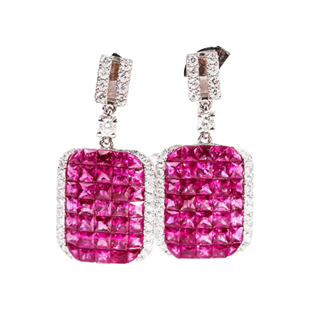 Ruby Diamond Square Dangle Earrings and Pendant Necklace