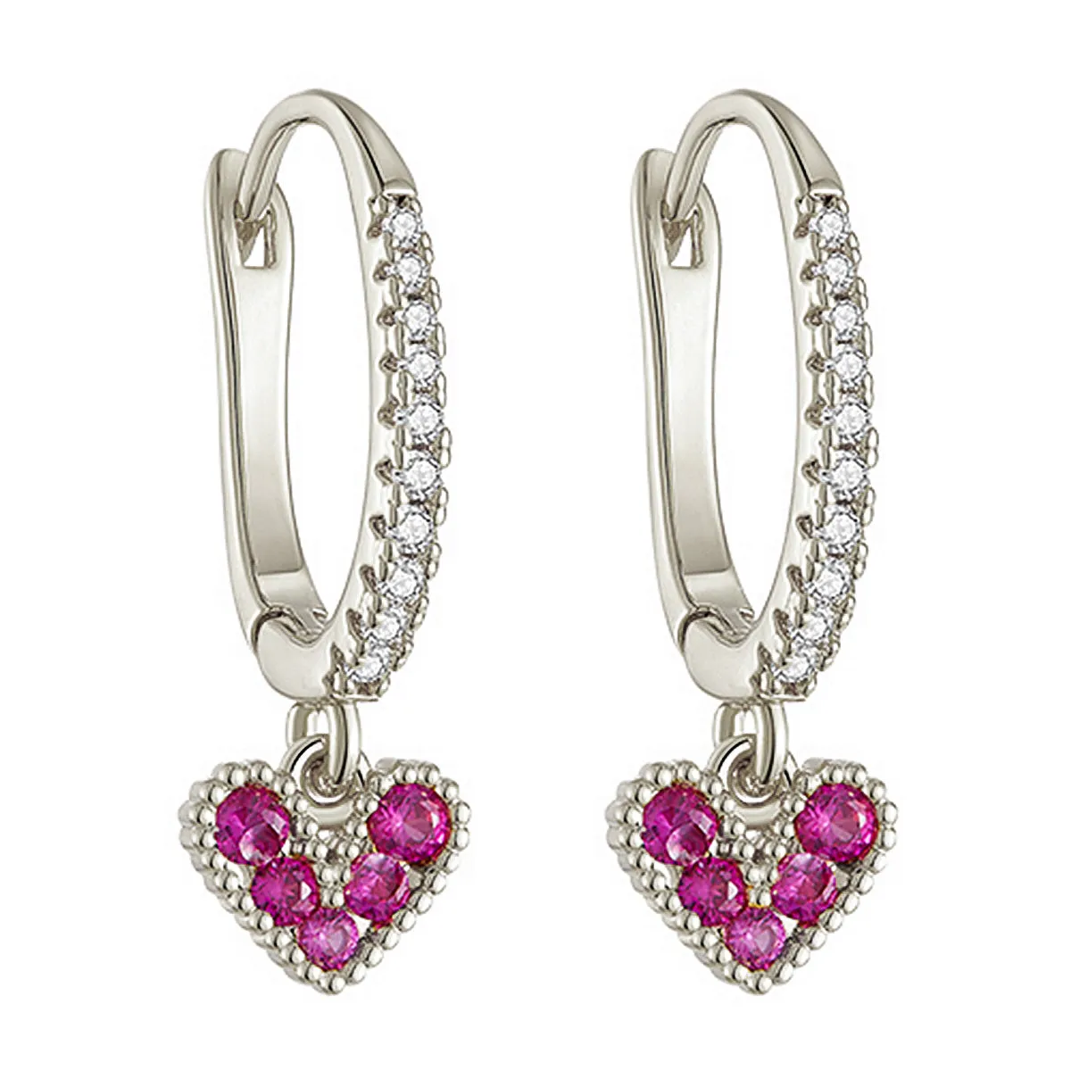 Ruby Heart Drop Diamond Hoop Earrings