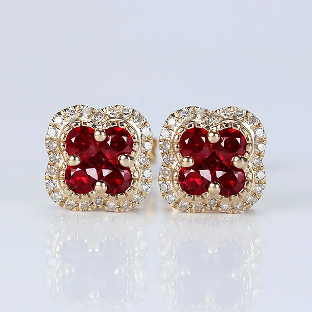 Ruby Lucky Clover with Diamond Halo Stud Earrings