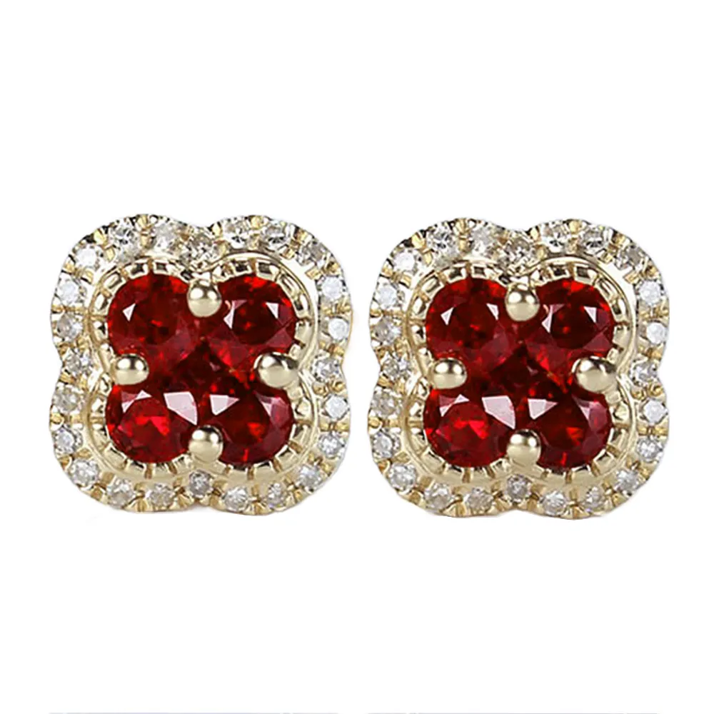Ruby Lucky Clover with Diamond Halo Stud Earrings
