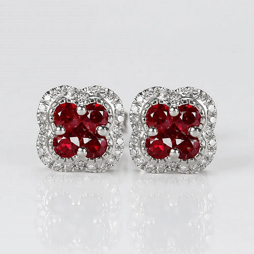Ruby Lucky Clover with Diamond Halo Stud Earrings
