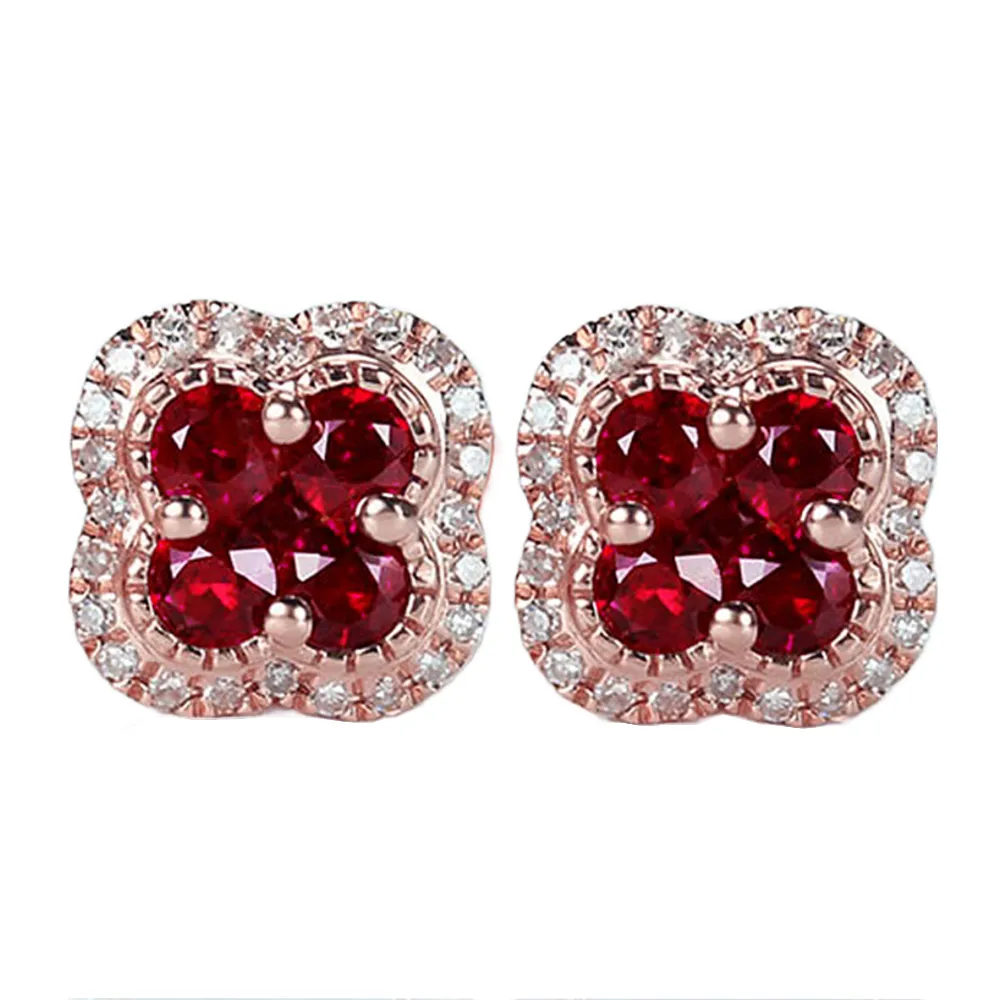 Ruby Lucky Clover with Diamond Halo Stud Earrings