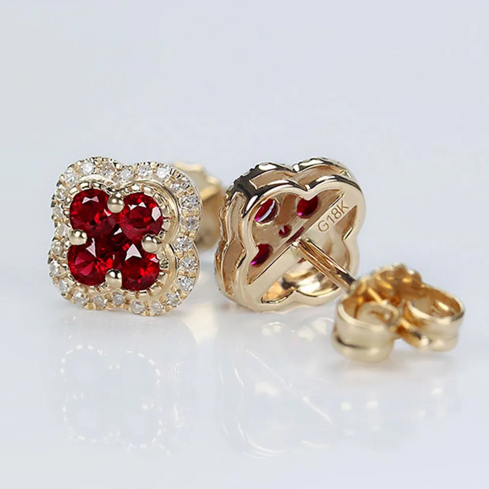 Ruby Lucky Clover with Diamond Halo Stud Earrings