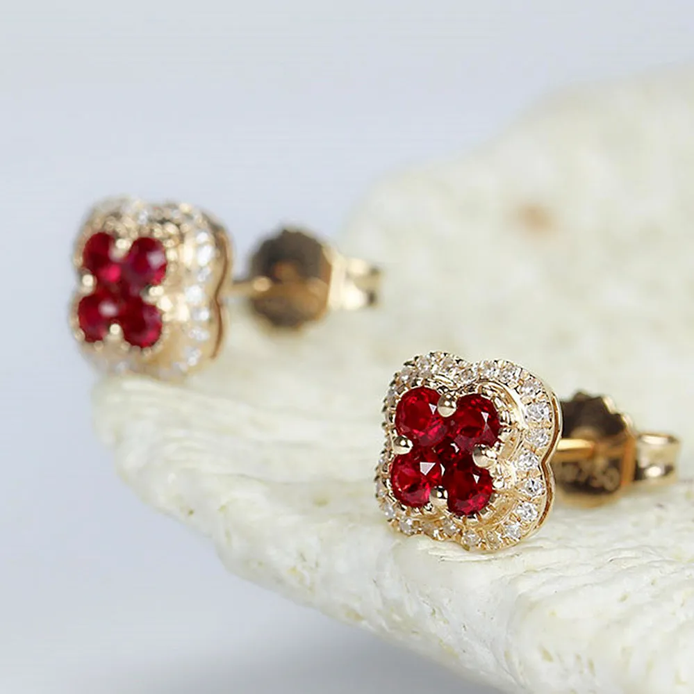 Ruby Lucky Clover with Diamond Halo Stud Earrings
