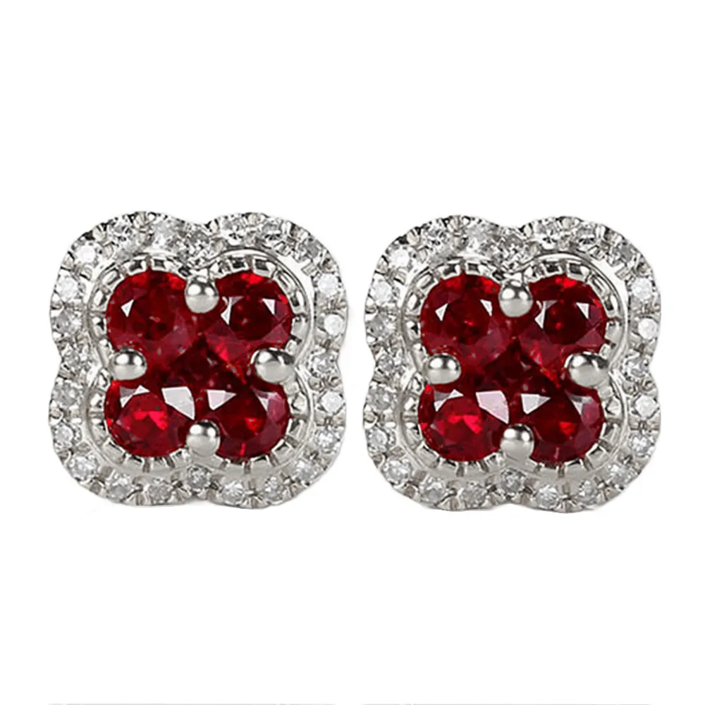 Ruby Lucky Clover with Diamond Halo Stud Earrings