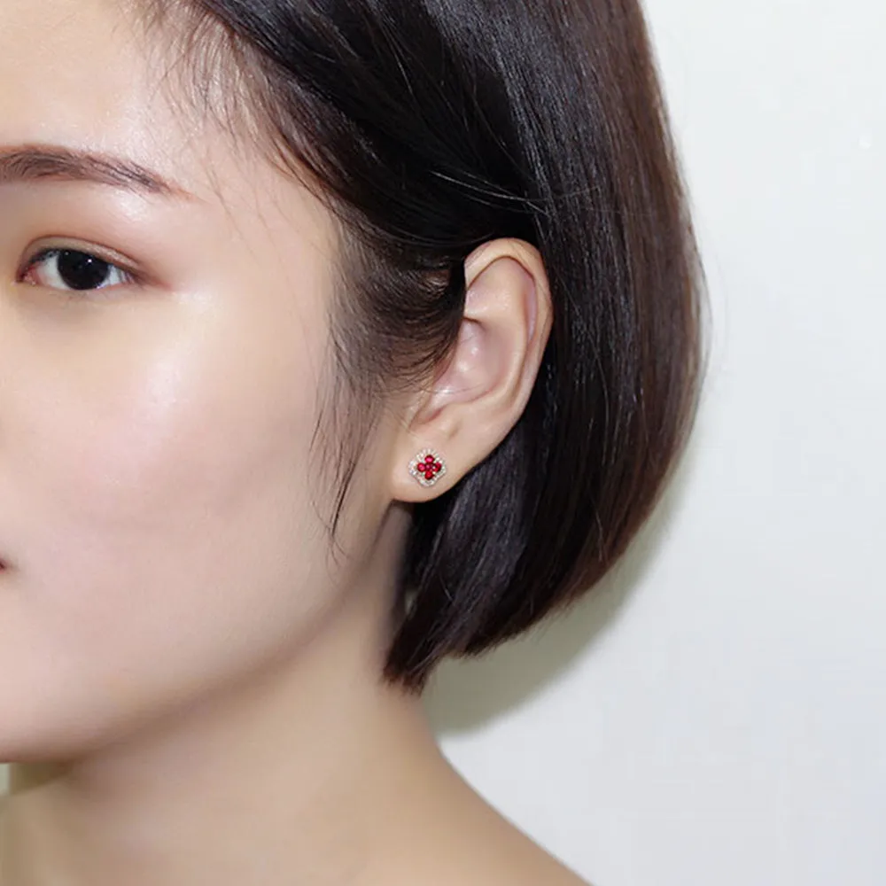 Ruby Lucky Clover with Diamond Halo Stud Earrings