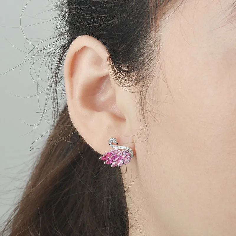 Ruby, Pink Sapphire and Diamond Swan Stud Earrings