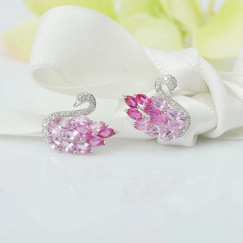 Ruby, Pink Sapphire and Diamond Swan Stud Earrings
