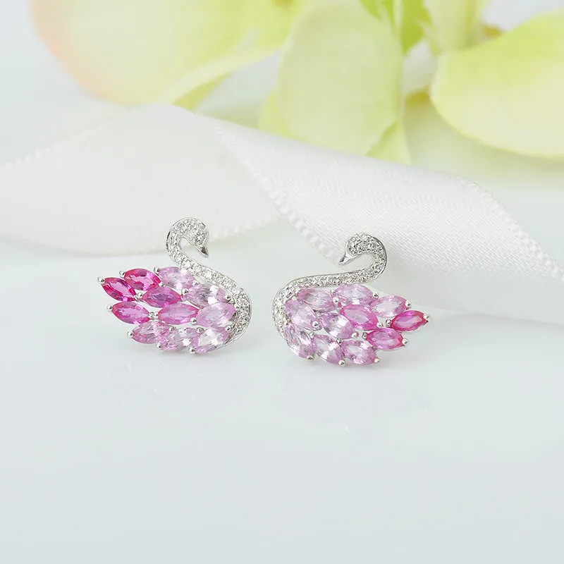 Ruby, Pink Sapphire and Diamond Swan Stud Earrings