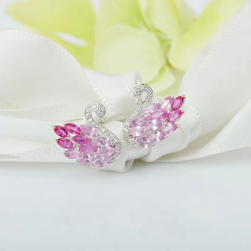 Ruby, Pink Sapphire and Diamond Swan Stud Earrings