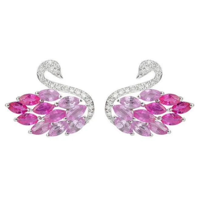 Ruby, Pink Sapphire and Diamond Swan Stud Earrings