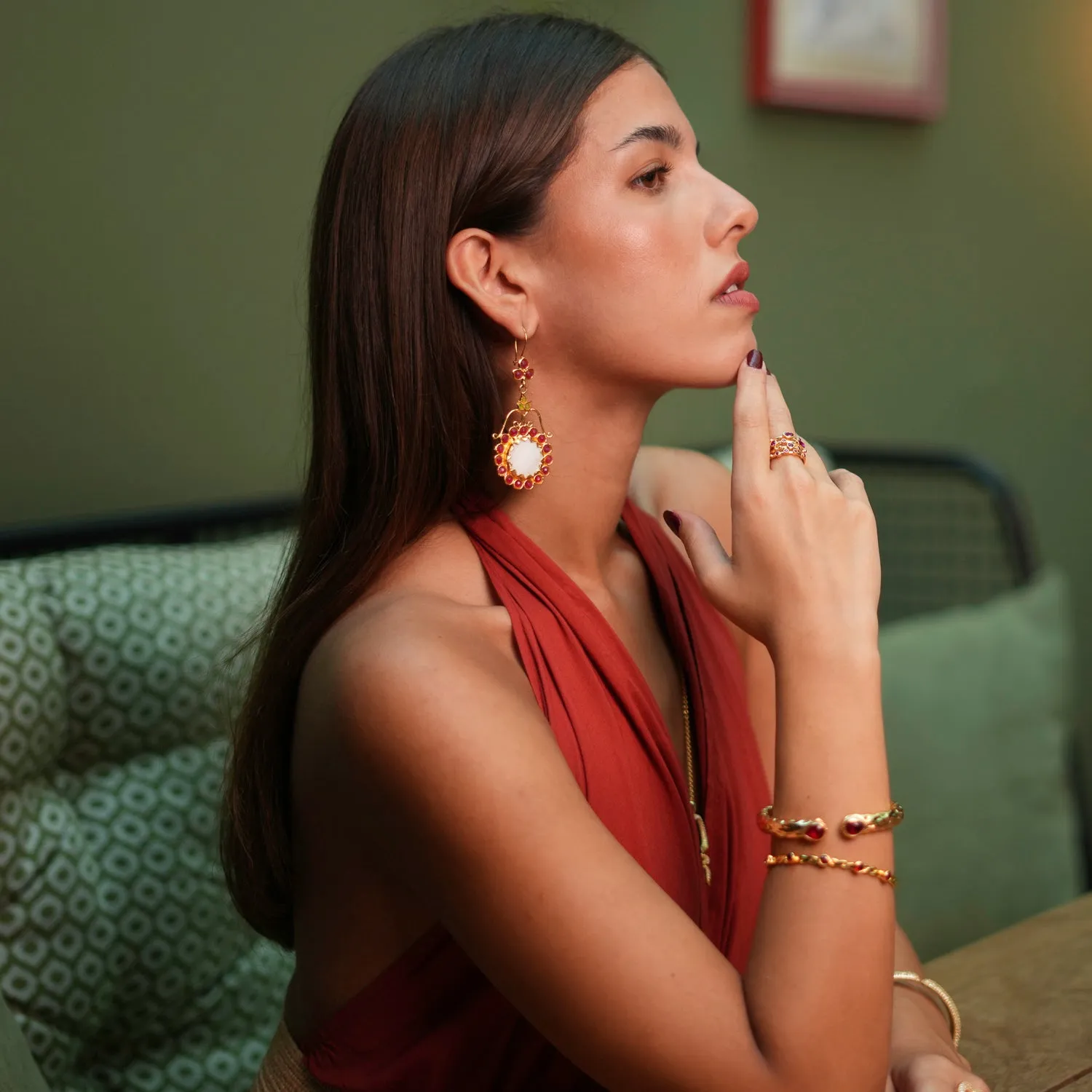 Ruby Stone & Gold Design Adjustable Statement Ring