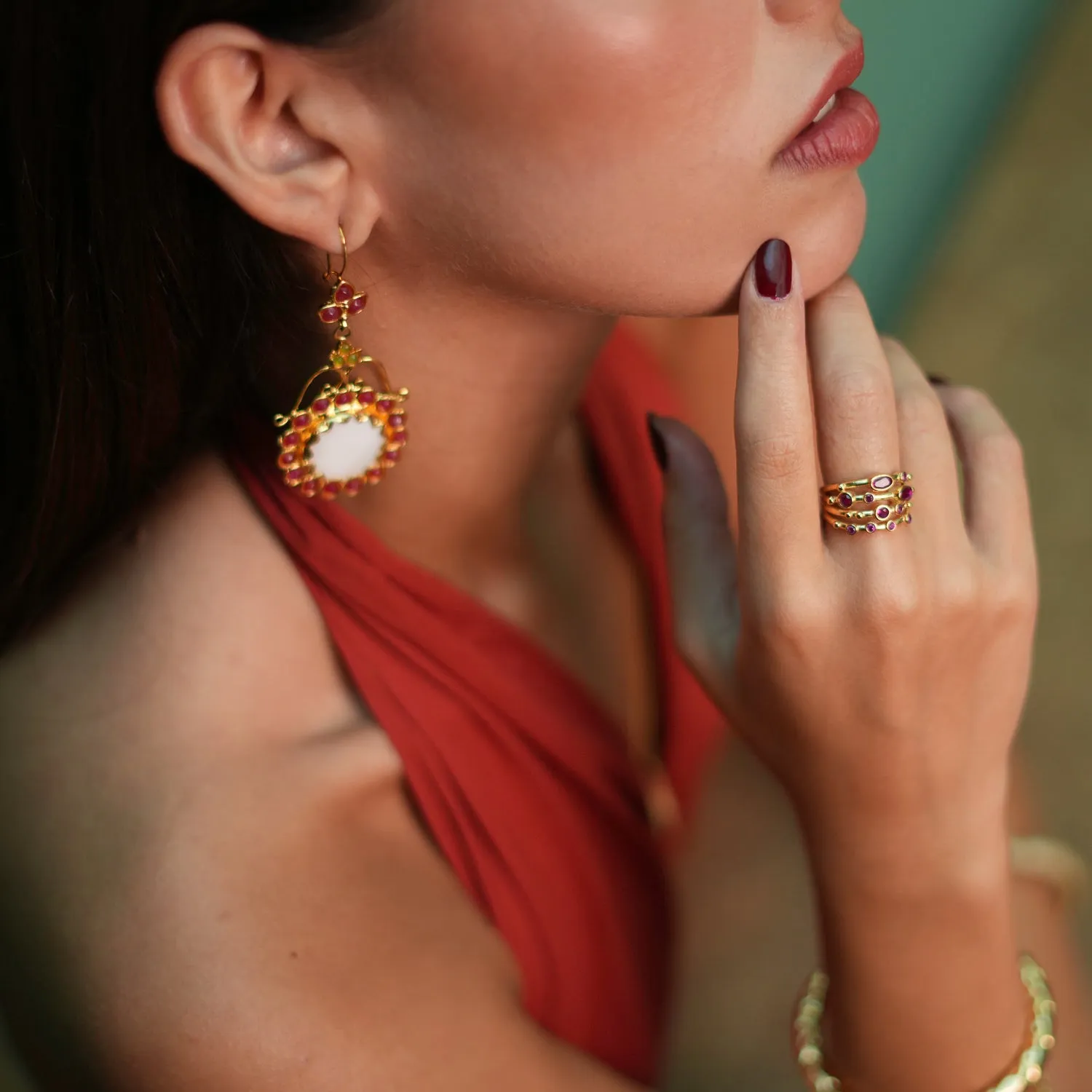 Ruby Stone & Gold Design Adjustable Statement Ring