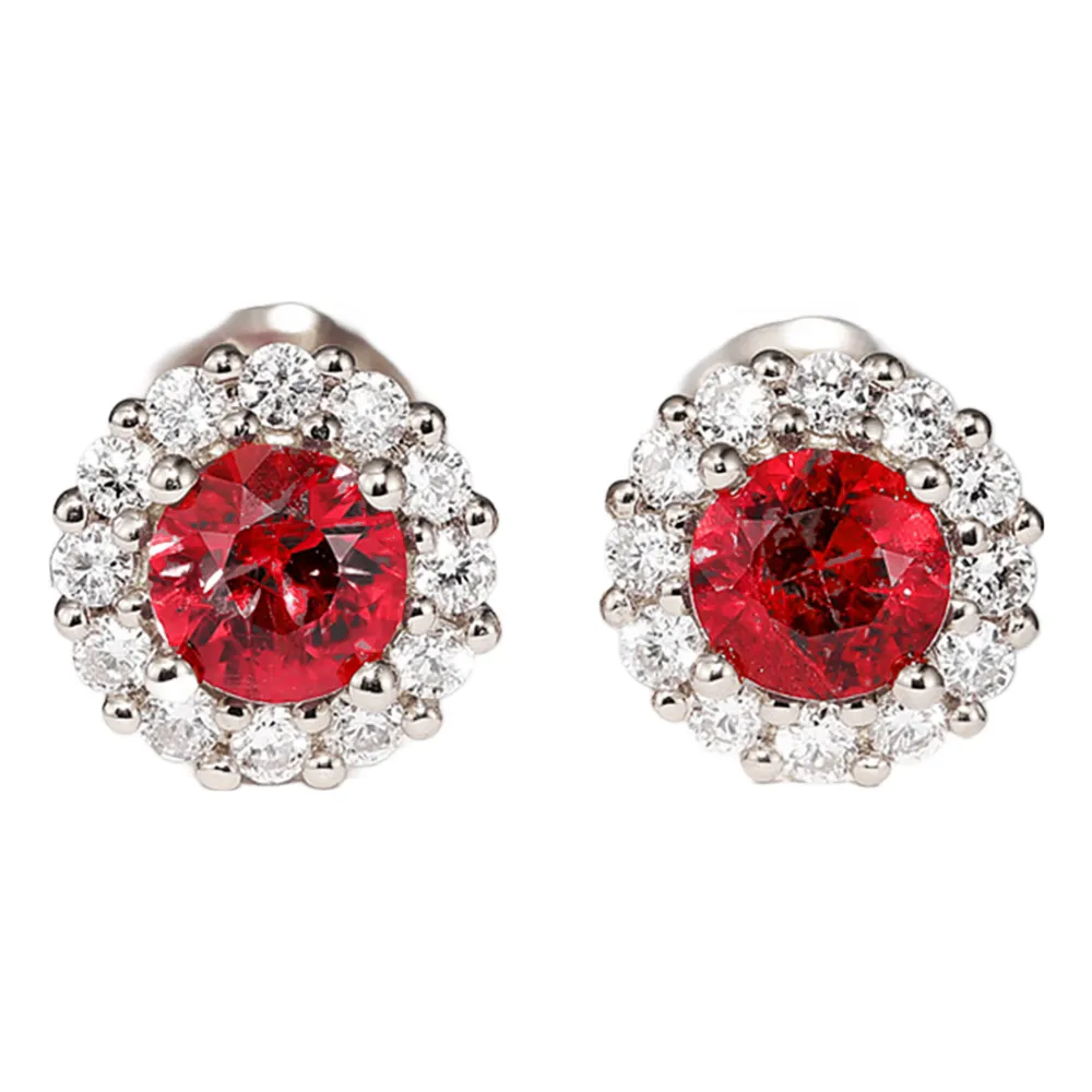 Ruby With Diamond Halo Stud Earrings