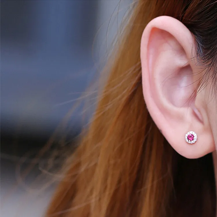 Ruby With Diamond Halo Stud Earrings