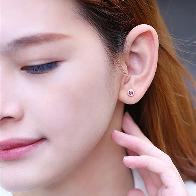 Ruby With Diamond Halo Stud Earrings
