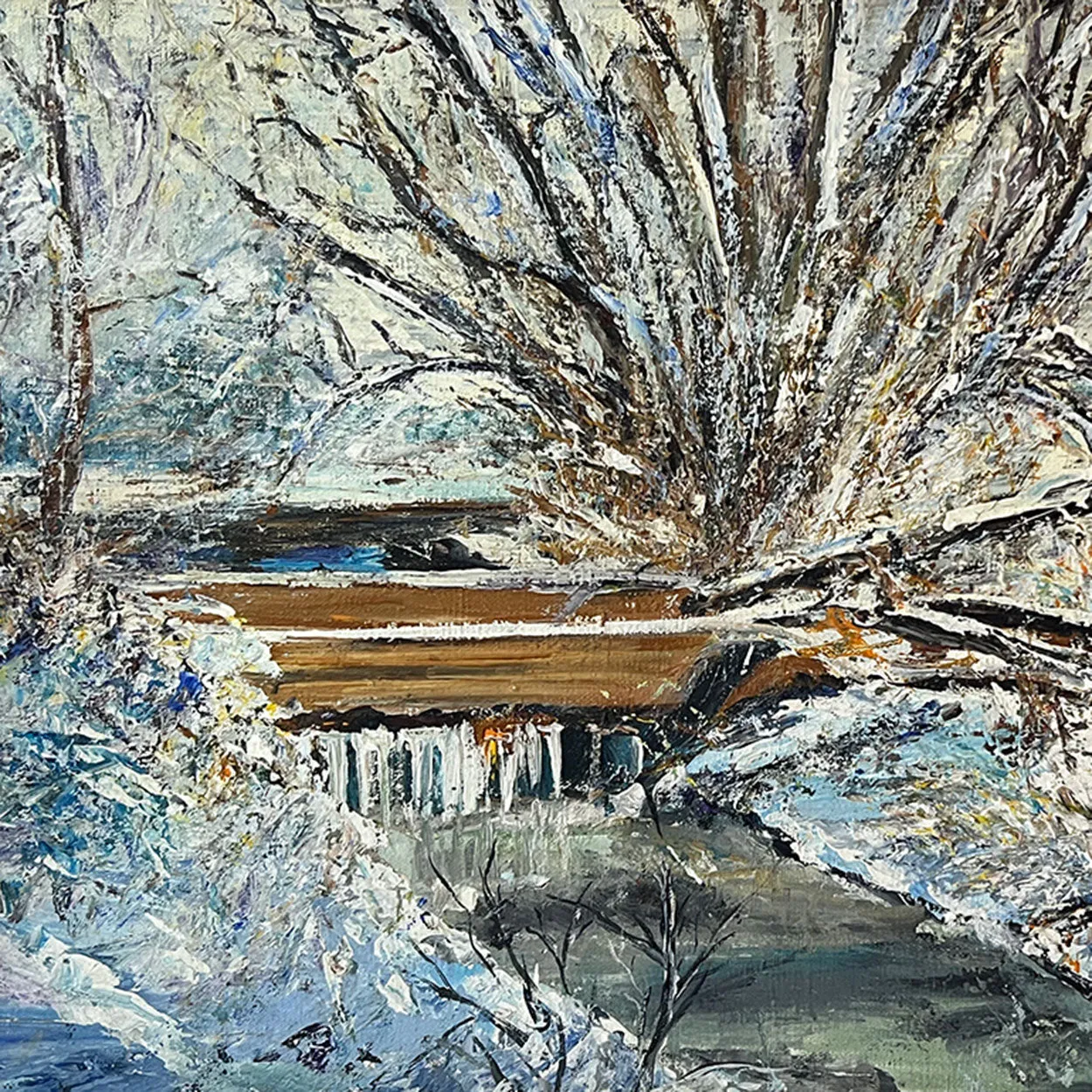 SAM DeBACA Acrylic on Canvas Painting, Four-Mile Creek with Railroad Crossing