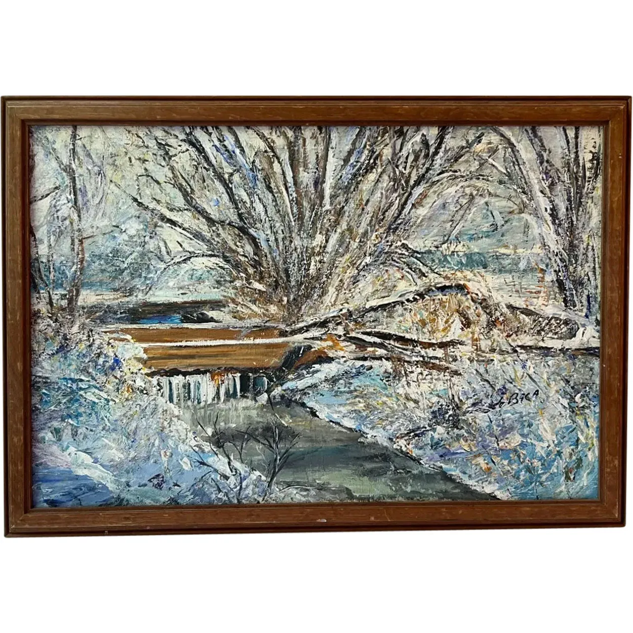 SAM DeBACA Acrylic on Canvas Painting, Four-Mile Creek with Railroad Crossing