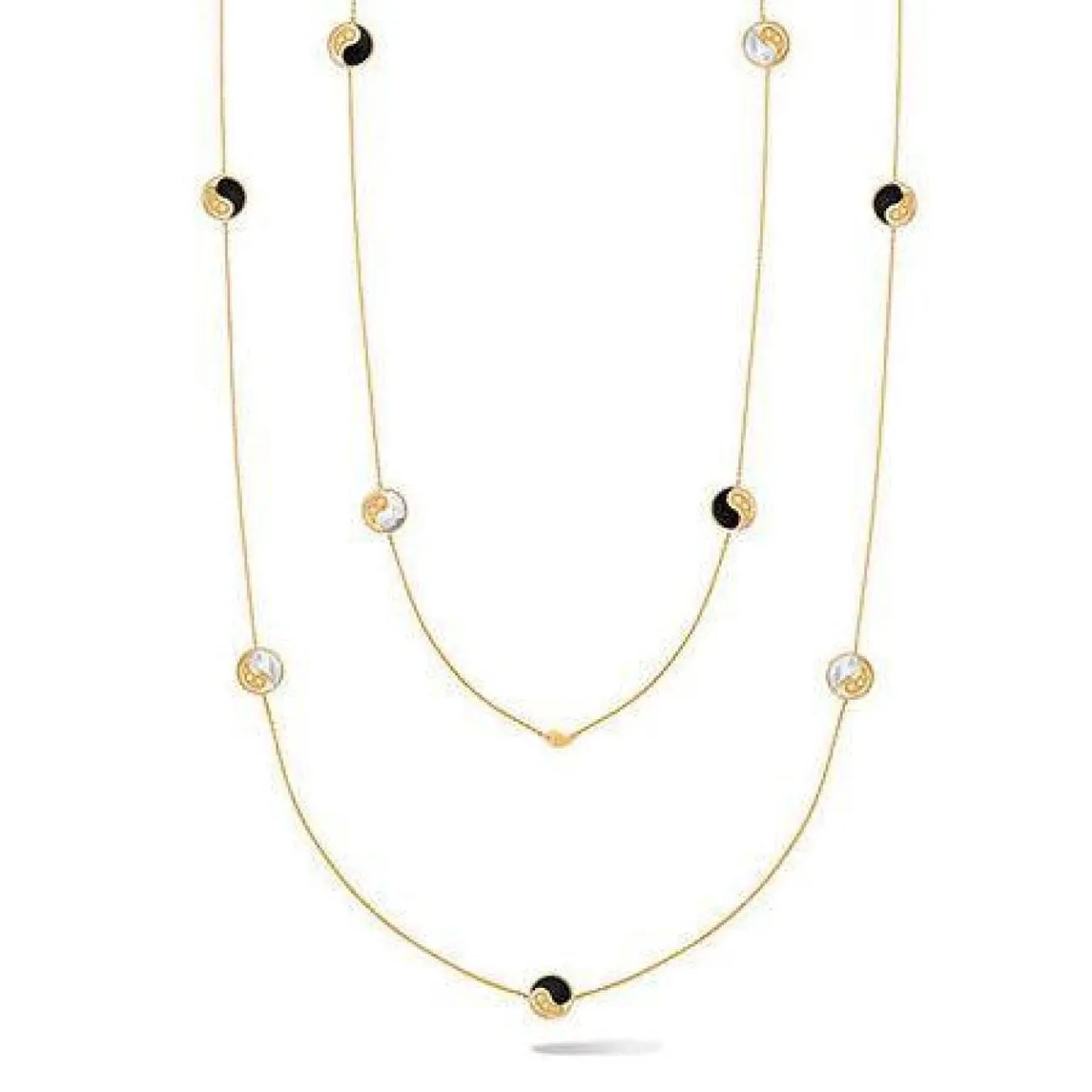 Sautoir 18K Yellow Gold Yin and Yang Mother of Pearl & Onix Station Necklace