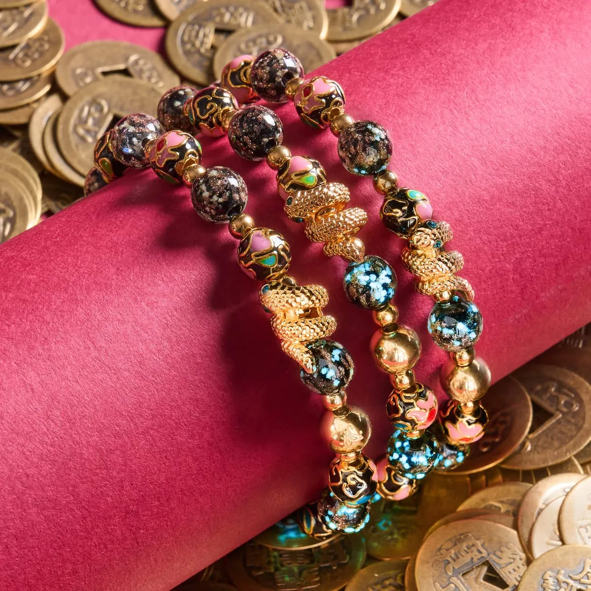 Shadow Dragon | Enamel Lotus | Onyx Firefly Glass Serpent Bracelet