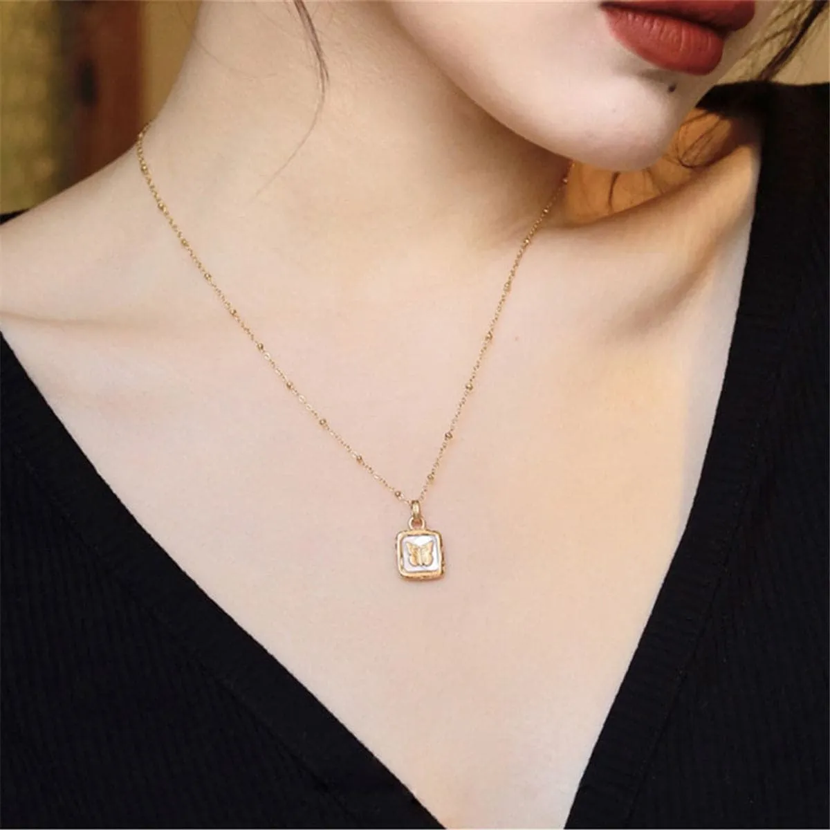 Shell & 18K Gold-Plated Square Butterfly Pendant Necklace