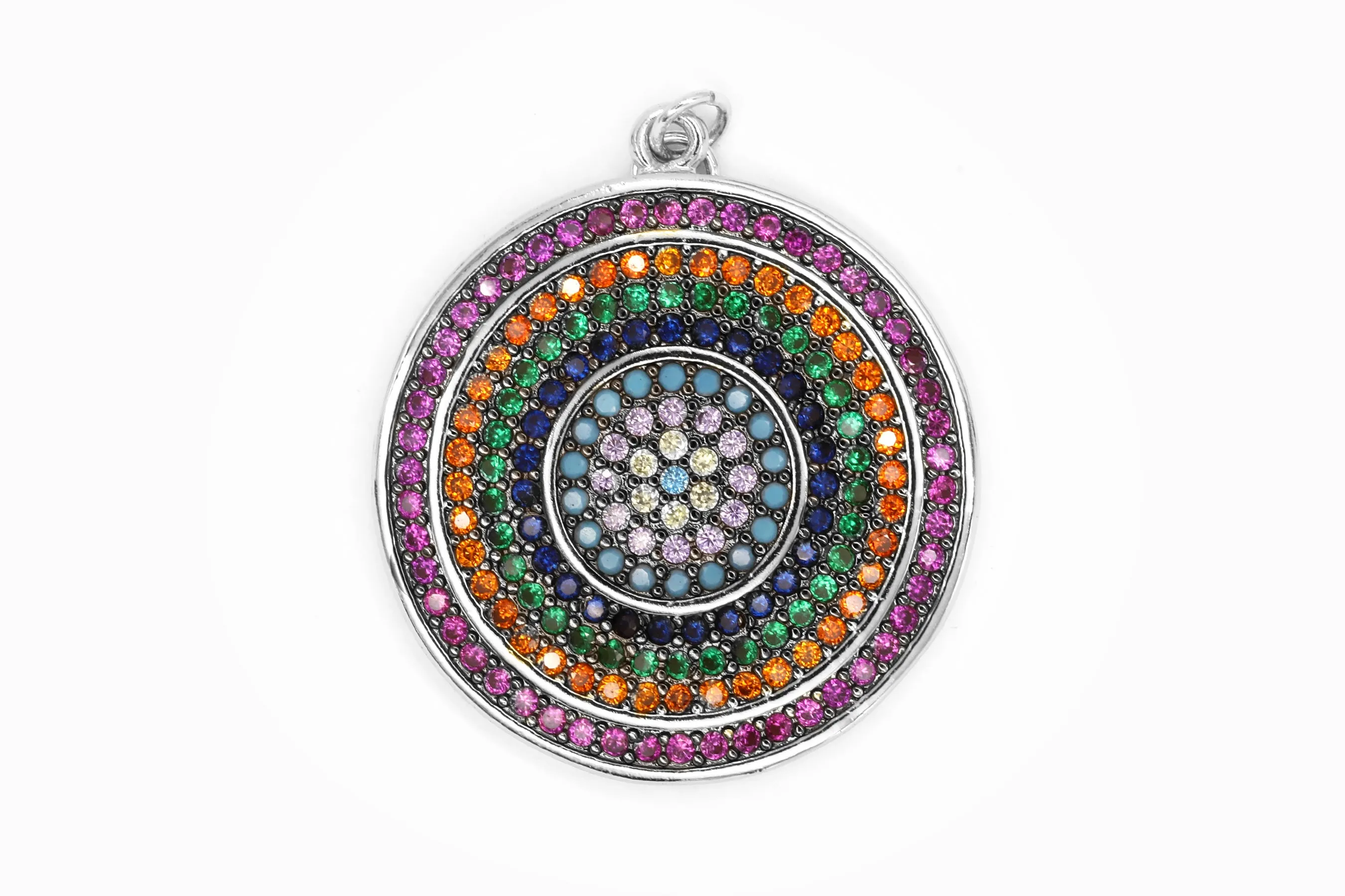 Silver Large Multicolor Pave Coin Charm