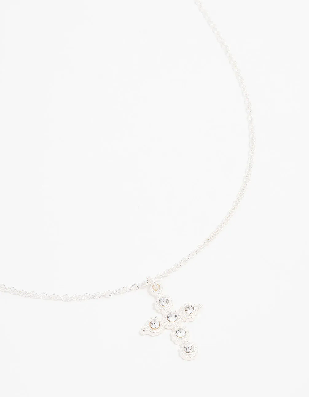 Silver Plated Diamante Round Cross Necklace