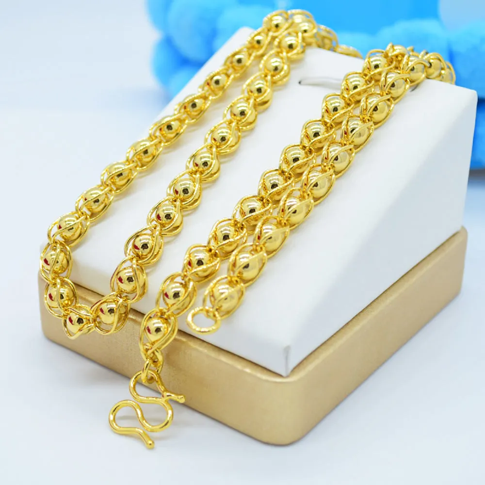 Solid 8mm Round Beaded Chain Necklace Yellow Gold Plated Fashion Jewelry 24"