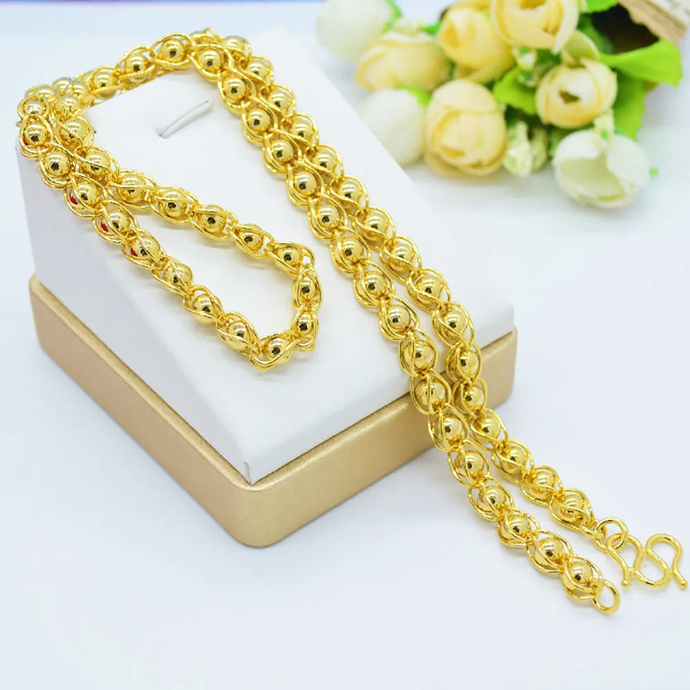 Solid 8mm Round Beaded Chain Necklace Yellow Gold Plated Fashion Jewelry 24"