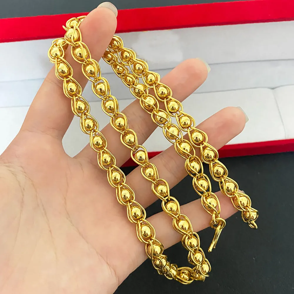 Solid 8mm Round Beaded Chain Necklace Yellow Gold Plated Fashion Jewelry 24"