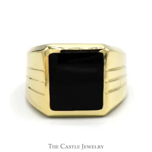 Square Black Onyx Men's Ring with Grooved Sides in 10k Yellow Gold