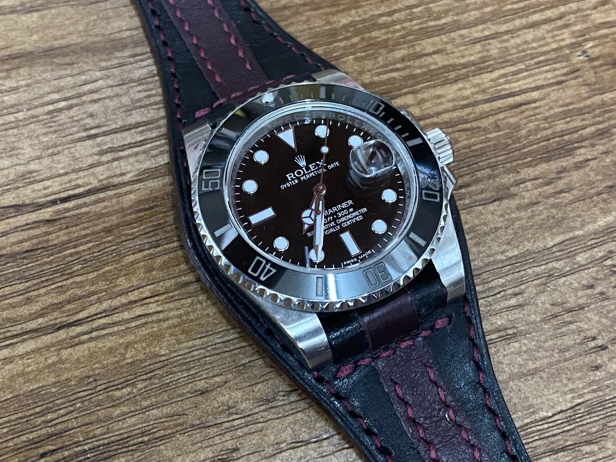 Striped Genuine Leather Watch Strap in Black and Maroon Red, Leather Bund Straps compatible with Rolex, Tudor Watches, 20mm Lug Width, Birthday Gift Ideas