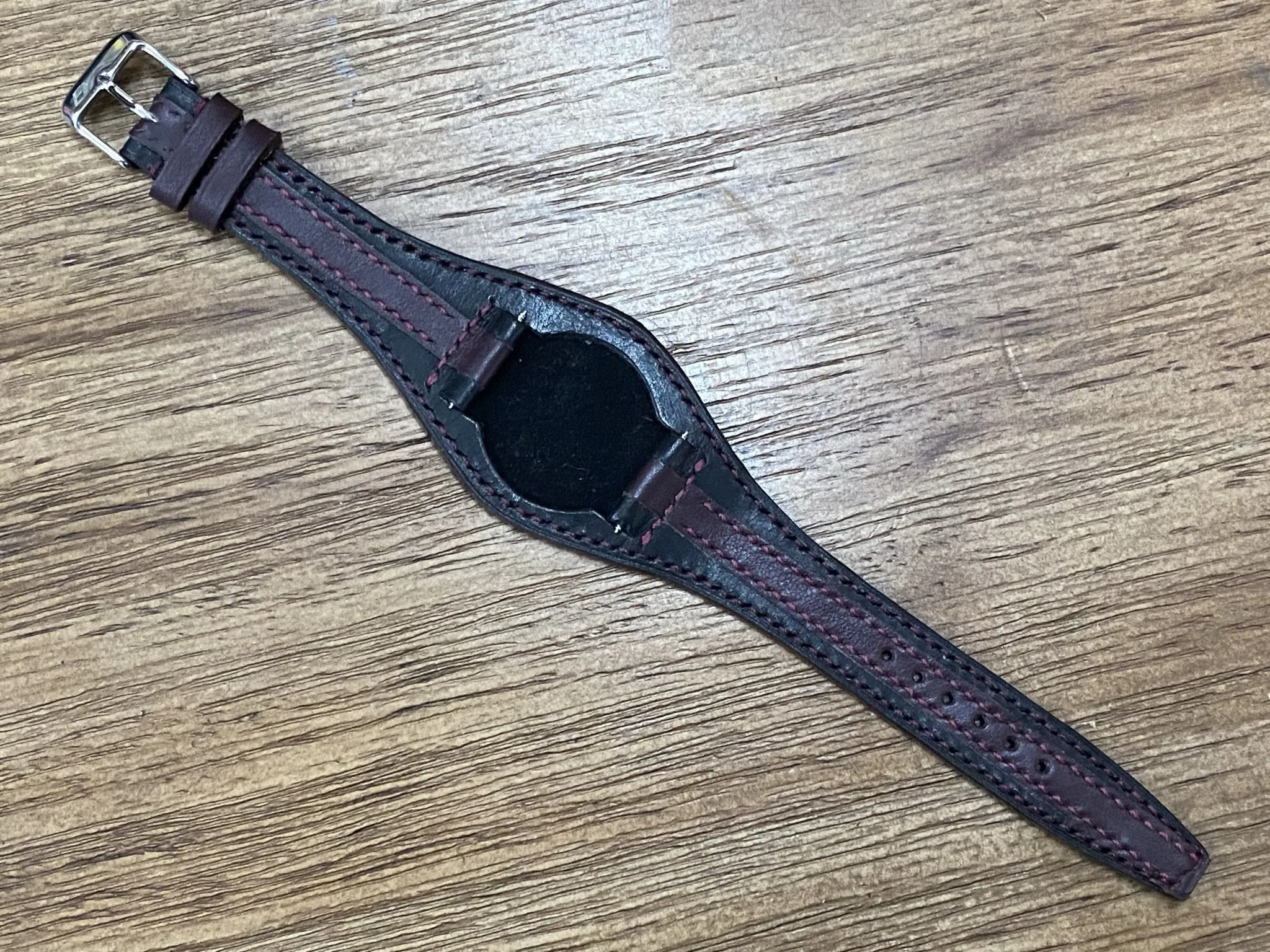 Striped Genuine Leather Watch Strap in Black and Maroon Red, Leather Bund Straps compatible with Rolex, Tudor Watches, 20mm Lug Width, Birthday Gift Ideas