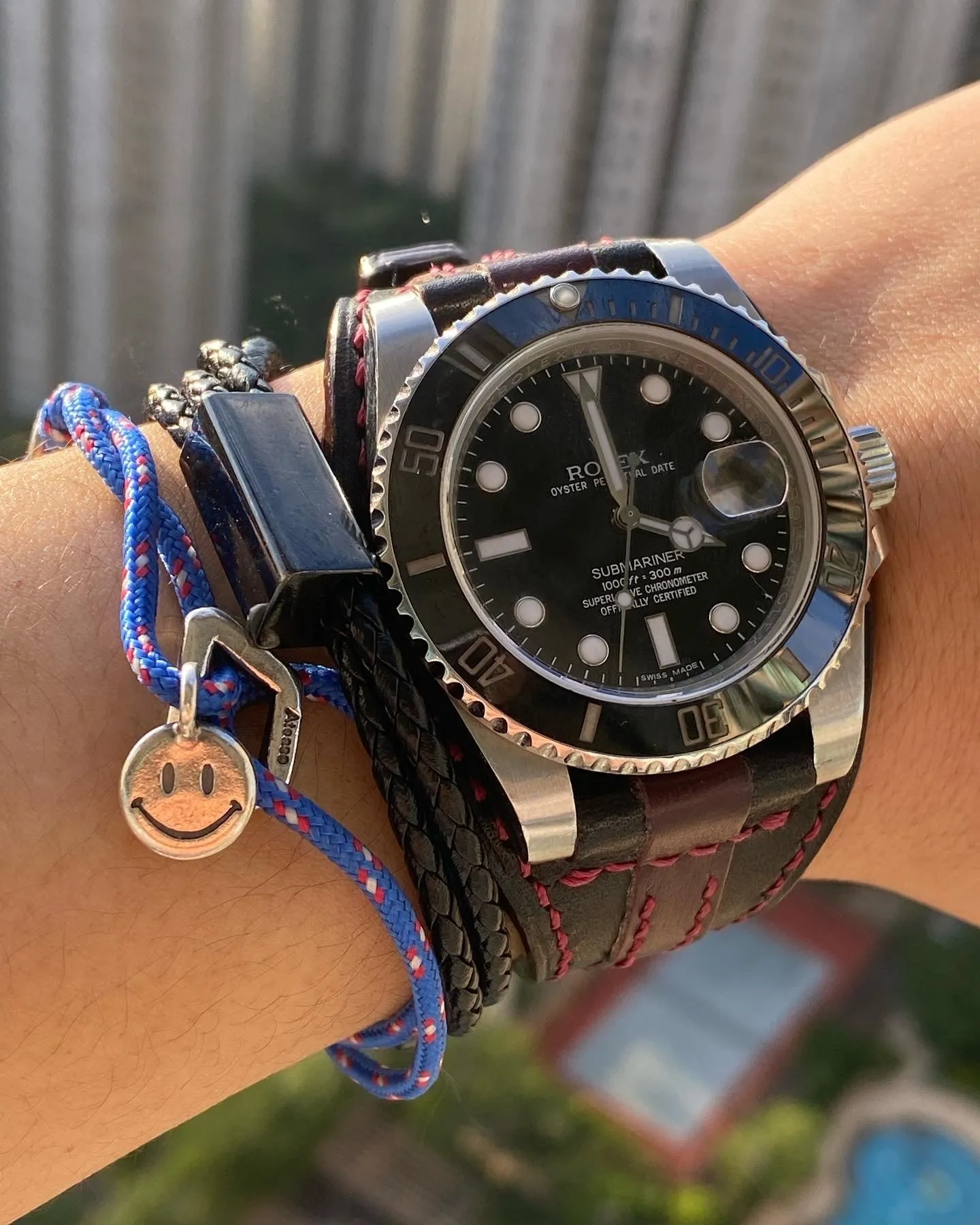 Striped Genuine Leather Watch Strap in Black and Maroon Red, Leather Bund Straps compatible with Rolex, Tudor Watches, 20mm Lug Width, Birthday Gift Ideas