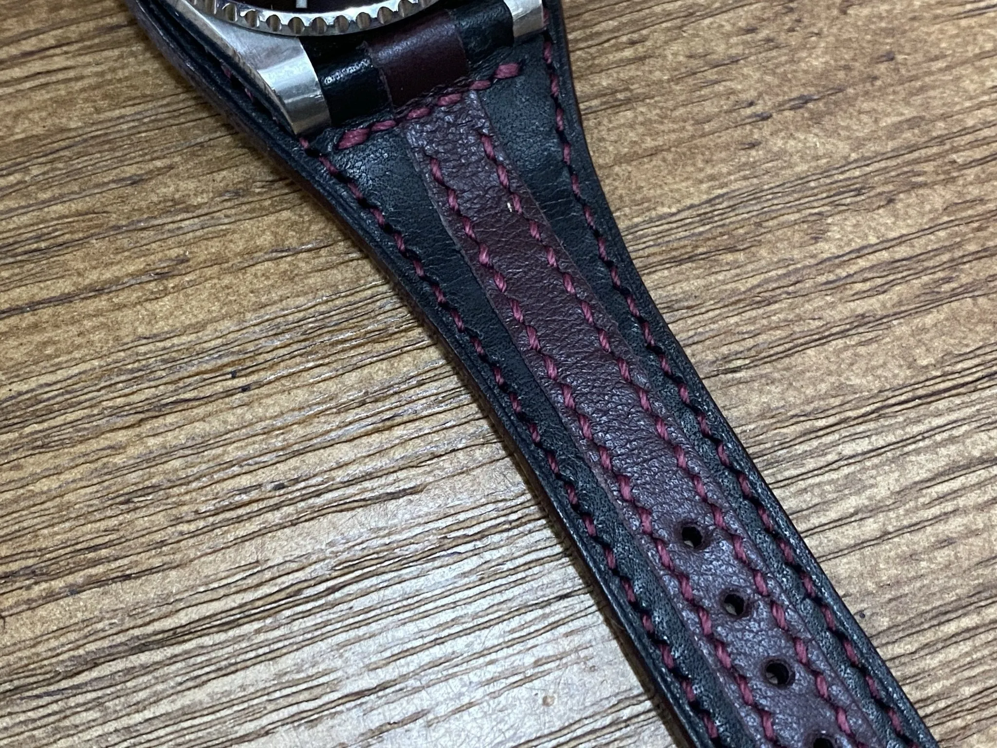 Striped Genuine Leather Watch Strap in Black and Maroon Red, Leather Bund Straps compatible with Rolex, Tudor Watches, 20mm Lug Width, Birthday Gift Ideas