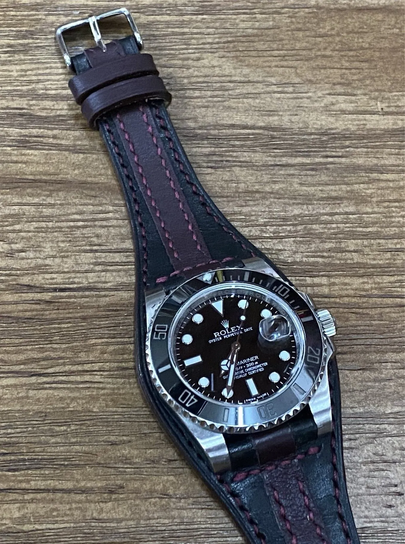 Striped Genuine Leather Watch Strap in Black and Maroon Red, Leather Bund Straps compatible with Rolex, Tudor Watches, 20mm Lug Width, Birthday Gift Ideas
